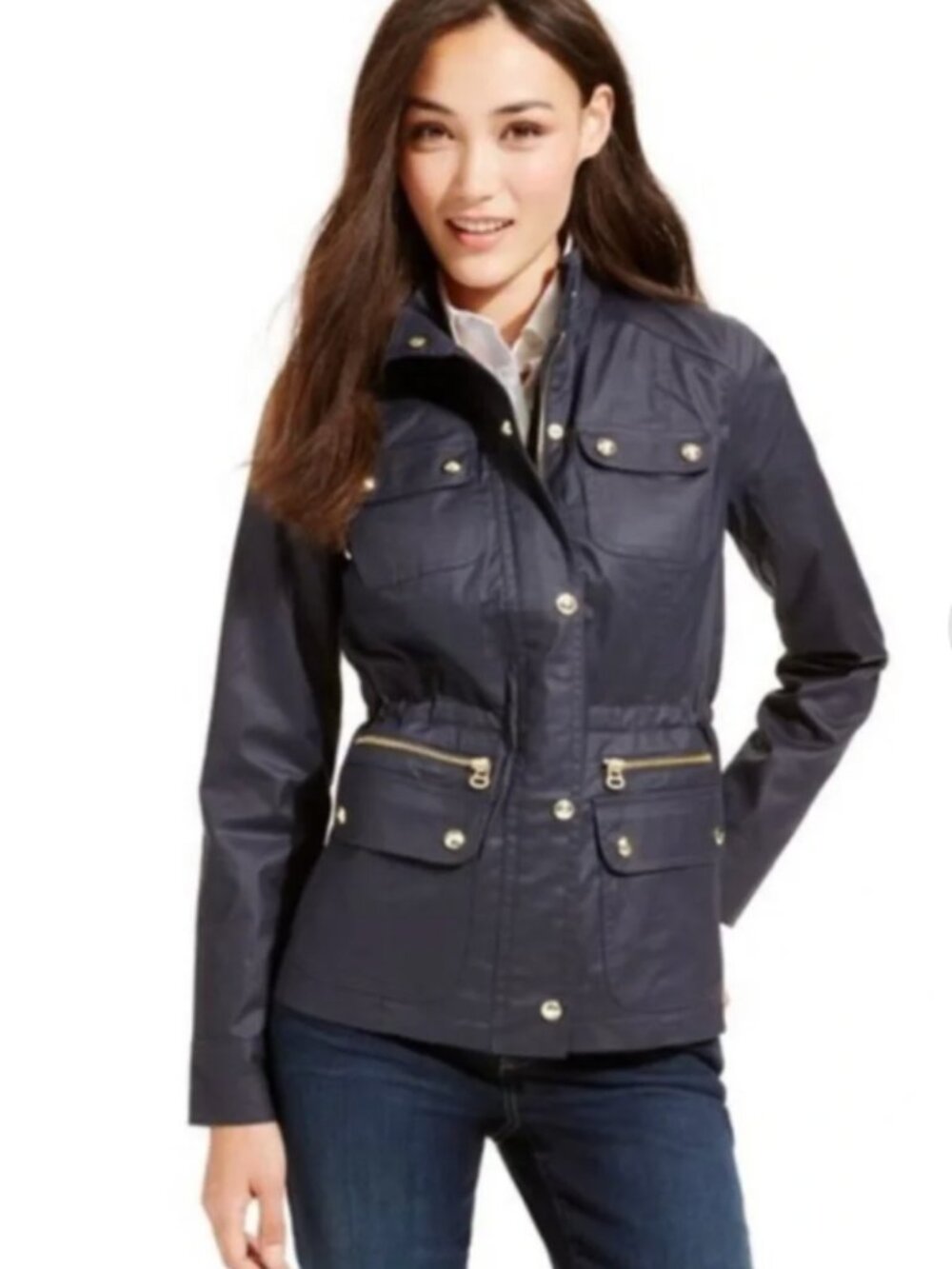 Tommy Hilfiger Women’s Navy Blue Coated Gold Zip Up Utility Jacket Size XL